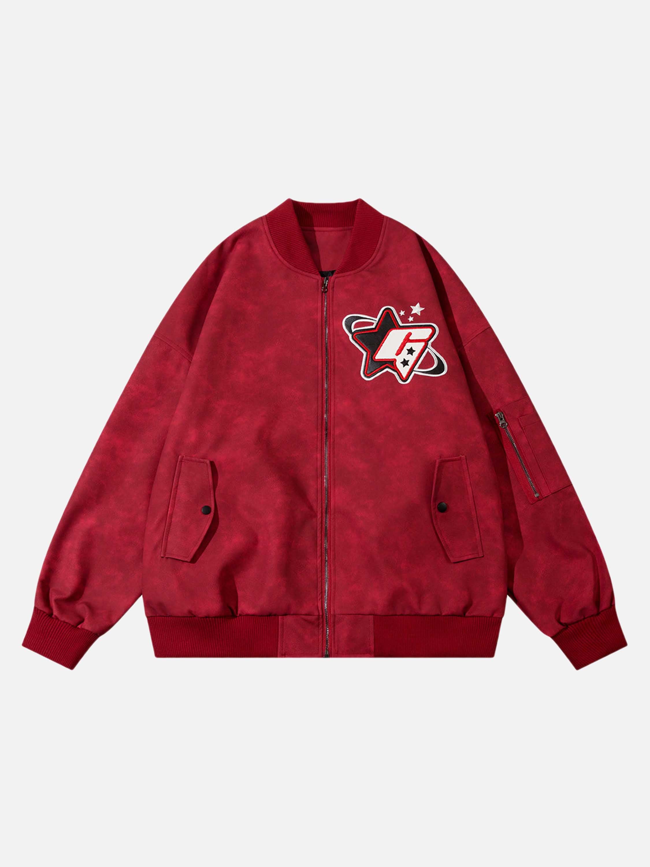The Vimiaparty American Street Tide Patch Leather Embroidered Monogram Baseball Jacket