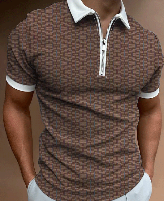 Casual Plain Geometric Print Lapel Collar Short Sleeve Zipper Polo Shirt