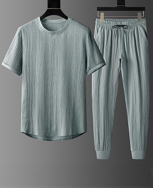 Casual Plain Ice Silk Wrinkled Shirt & Jogger Pants 2Pcs Set