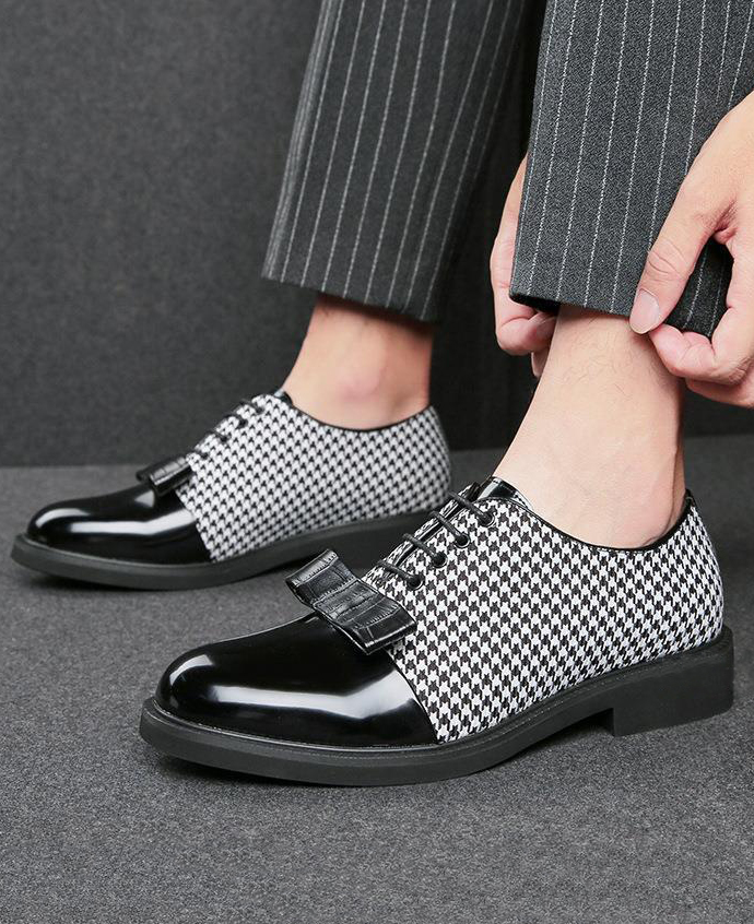 Elegant Houndstooth Bow Decor Strappy Spliced Dress Shoes