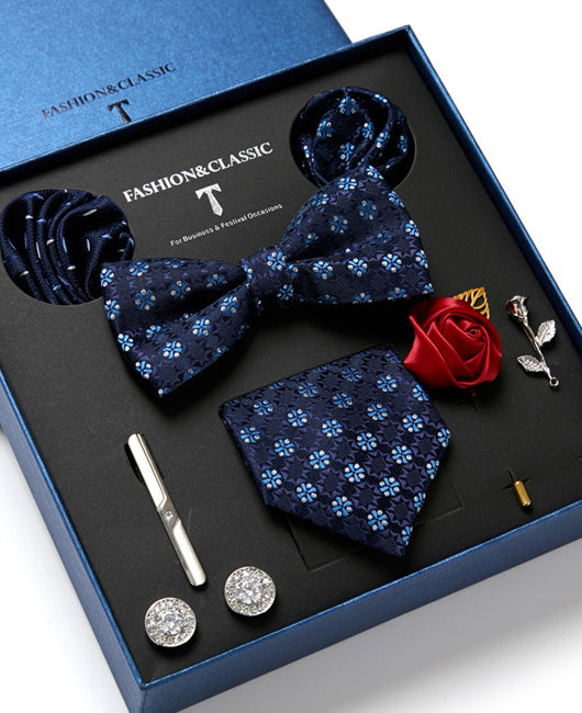 Business Allover Print Tie & Scarves & Cufflinks & Bow Tie & Brooch & Tie Clip 8Ps Set