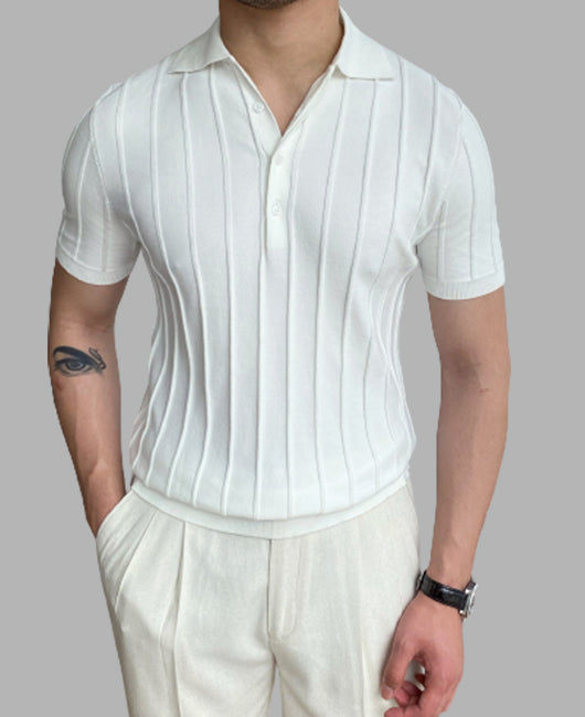 Striped Half Button Solid Knit Polo Shirt