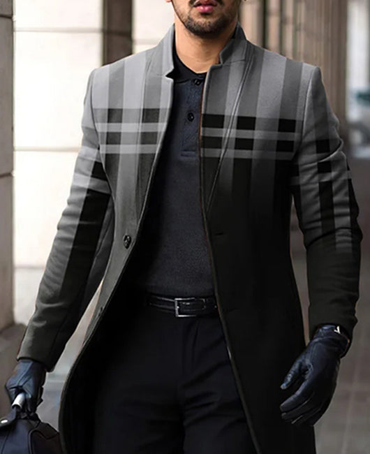 Notch Neck Plaid & Ombre Print Single Breasted Coat
