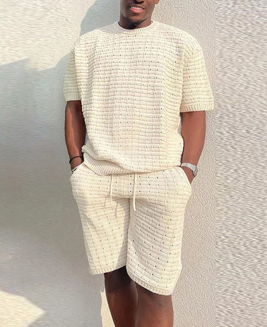 Men Solid Color Knit Detail Top & Drawstring Shorts