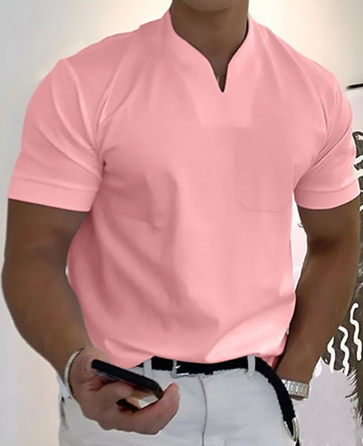 Casual Plain V Neck Short Sleeve Slim Fit Polo Shirt