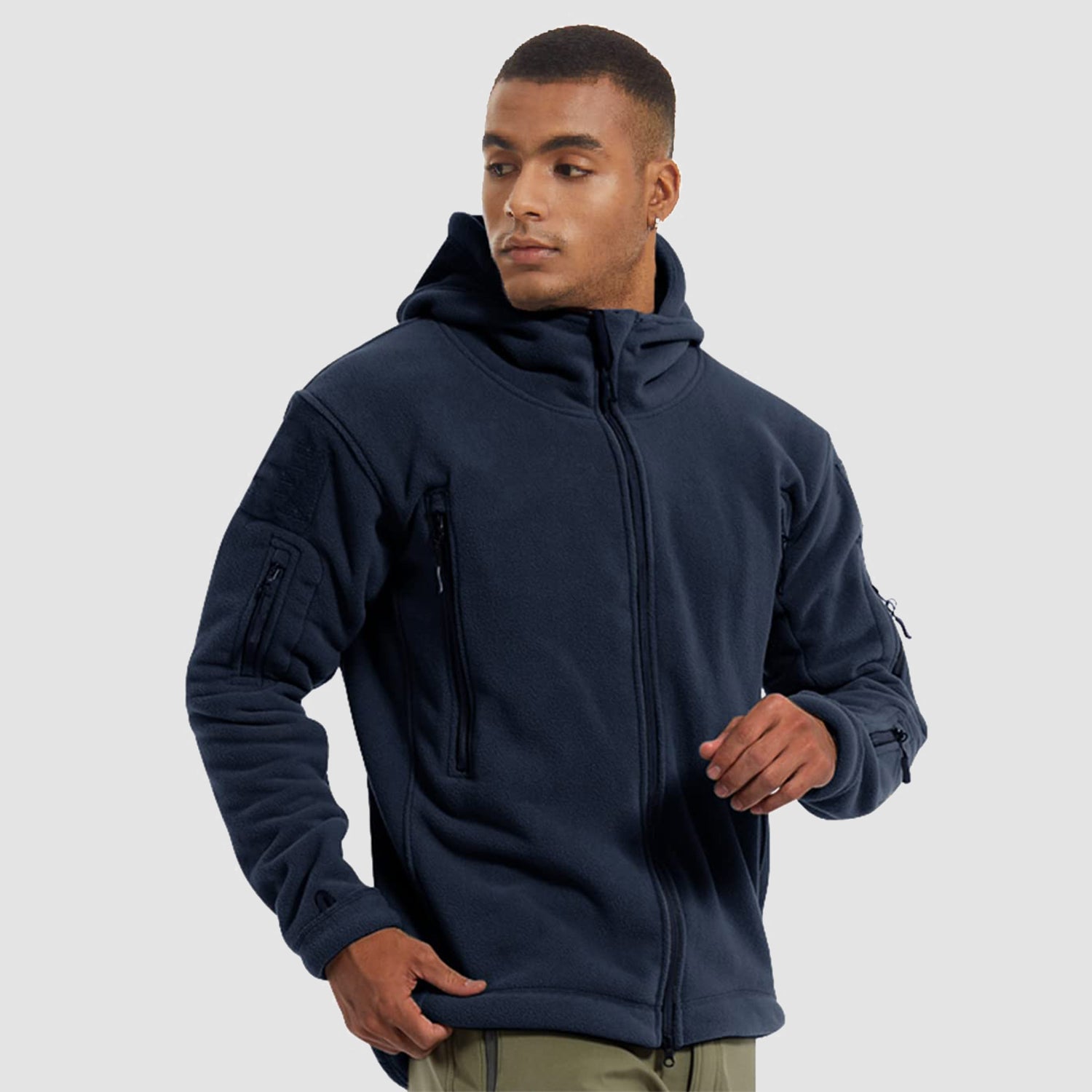 Men's Hoodie Fleece Jacket with 6 Zip-Pockets Warm Winter Jacket Military Tactical Jacket