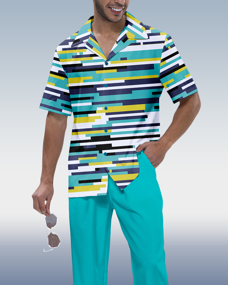 Men's Blue Horizontal Stripe Short Sleeve Walking Suit