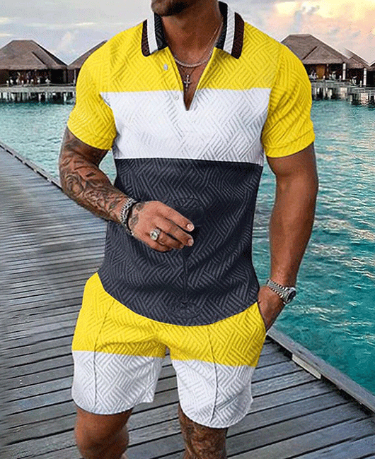 Casual Contrast Color Zipper Lapel Collar Short Sleeve Polo Shirt & Shorts 2Pcs Set