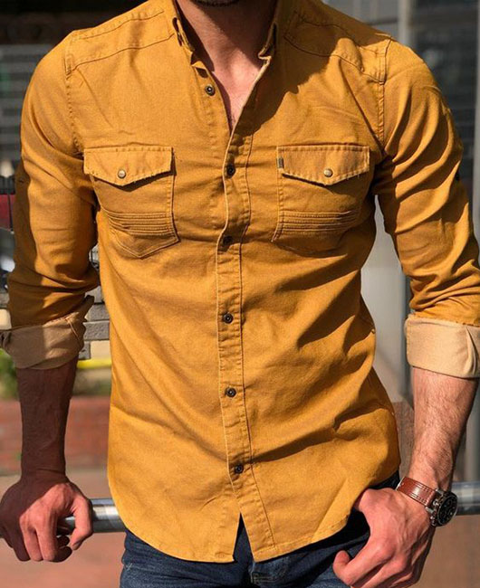 Daily Solid Pocket Turndown Collar Long Sleeve Denim Shirt