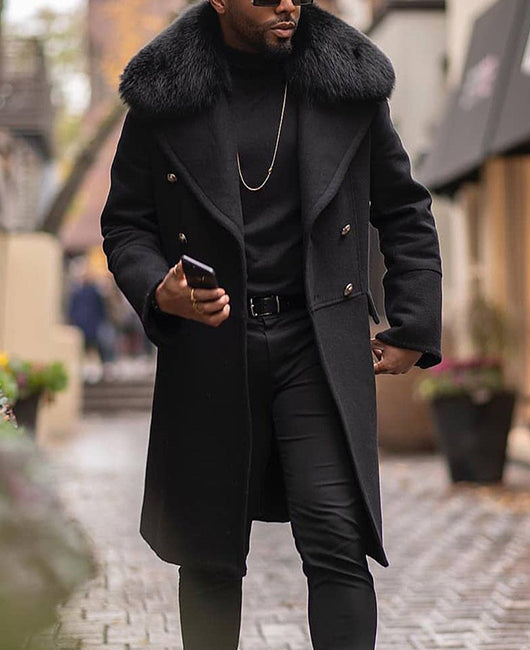 Fuzzy Collar Double Breasted Casual Overcoat