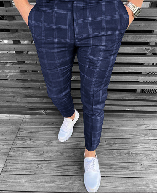 Business Plaid Print Pocket Straight Pencil Pants